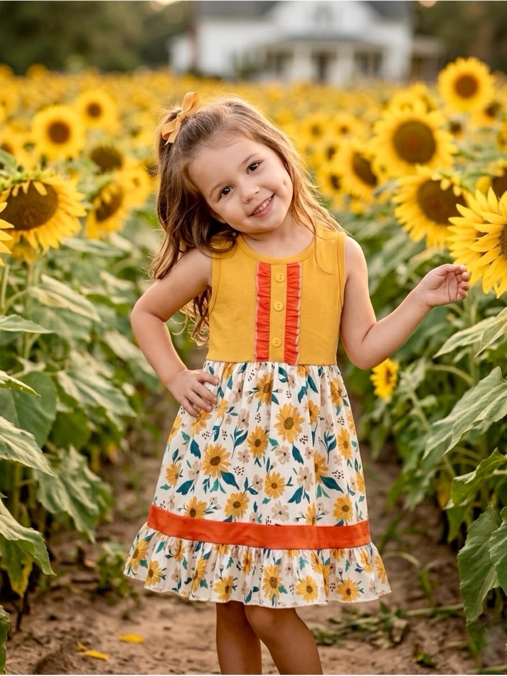 Sunflower dress Girls Farm portrait dress Fall Back to School 12mo 18mo 2 3 4 5